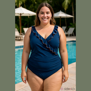 Blooming Jelly Once Piece Ruffle Accent Navy Blue Swimsuit Sz L